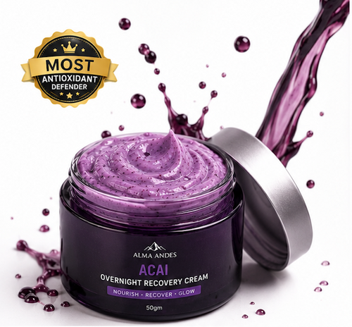 Purple Acai Overnight Recovery Cream jar with acai berries and splash on a white background