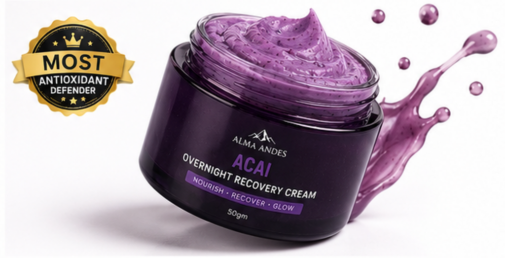Purple Acai Overnight Recovery Cream jar with splashes on a white background