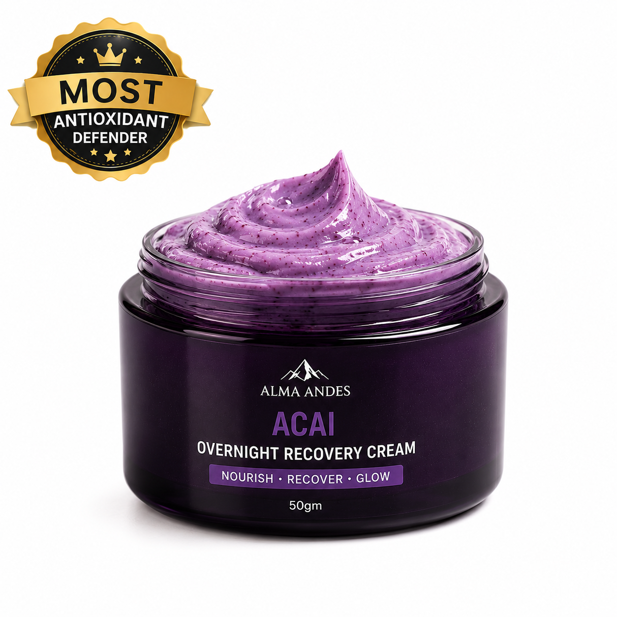 Purple acai overnight recovery cream jar with 'Most Antioxidant Defender' badge on white background