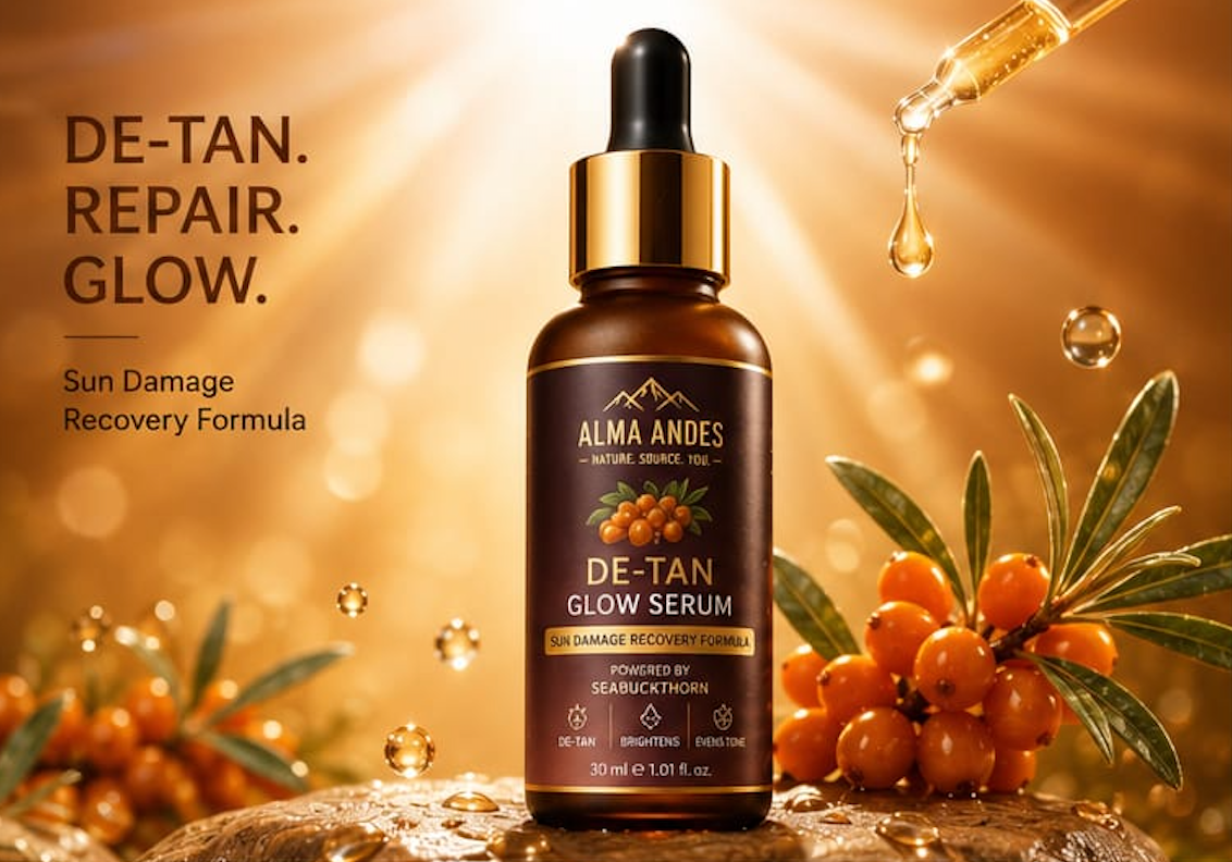 Alma Andes DE-TAN Glow Serum bottle with sea buckthorn berries on a warm background