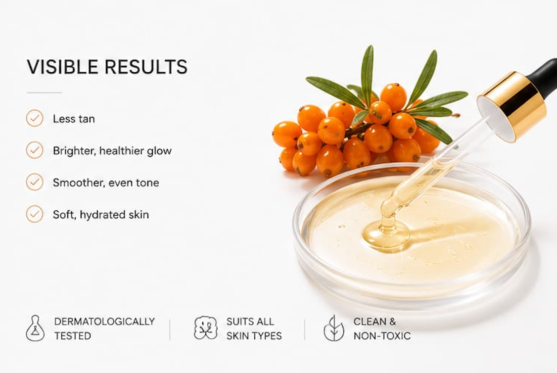 Cosmetic product with sea buckthorn berries and visible results listed on a white background