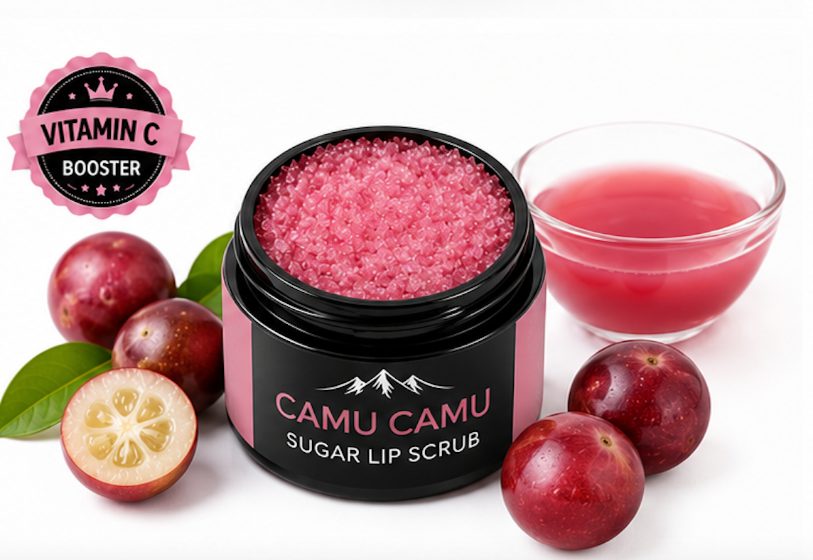 Camu Camu sugar lip scrub with ingredients on a white background