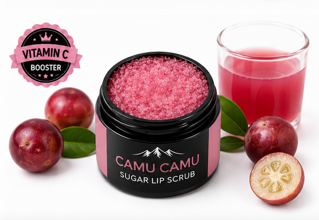 Camu camu sugar lip scrub with ingredients and a glass of juice on a white background