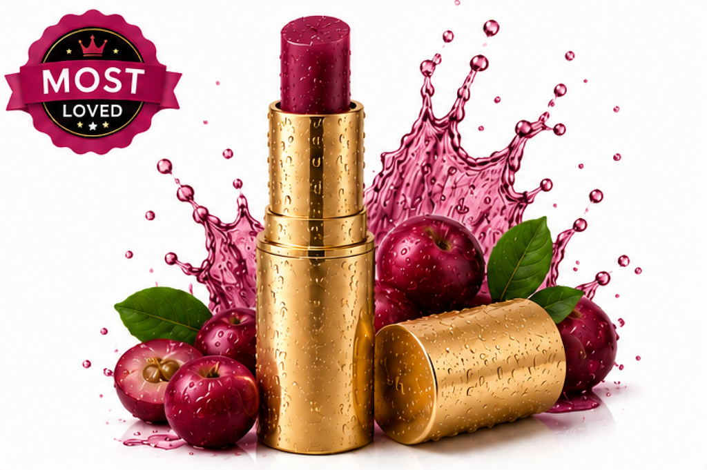 Gold lipstick with pink lipstick and apples on a white background, featuring 'Most Loved' badge.