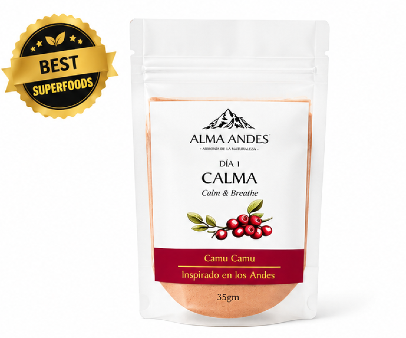 Alma Andes Calma package with camu camu berries on a white background
