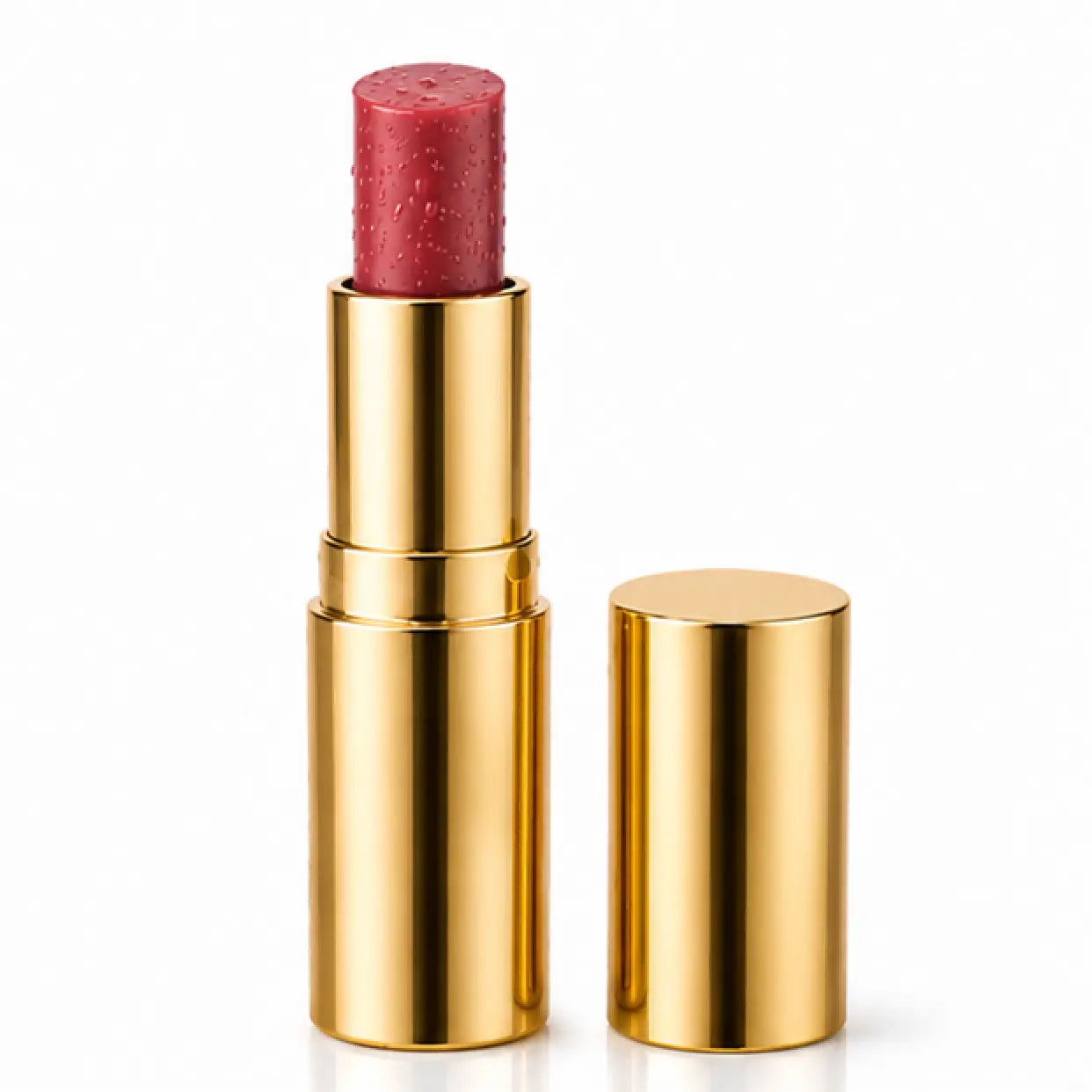 Gold lipstick case with pink lipstick on a white background