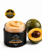 Alma Andes Lucuma Velvet Cream jar with a half-cut Lucuma fruit on a white background