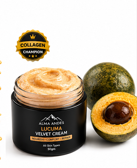 Alma Andes Lucuma Velvet Cream jar with a half-cut Lucuma fruit on a white background