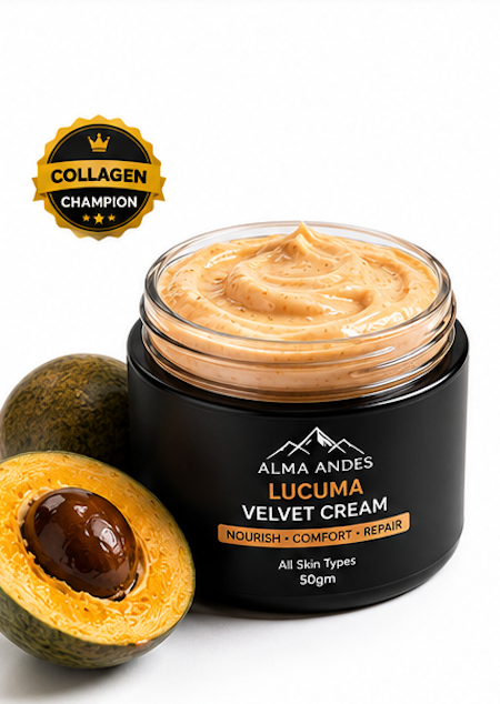 Jar of Alma Andes Lucuma Velvet Cream with a Lucuma fruit on a white background