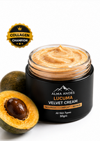 Jar of Alma Andes Lucuma Velvet Cream with a Lucuma fruit on a white background