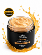 Black jar of Lucuma Velvet Cream with a gold splash effect on a white background
