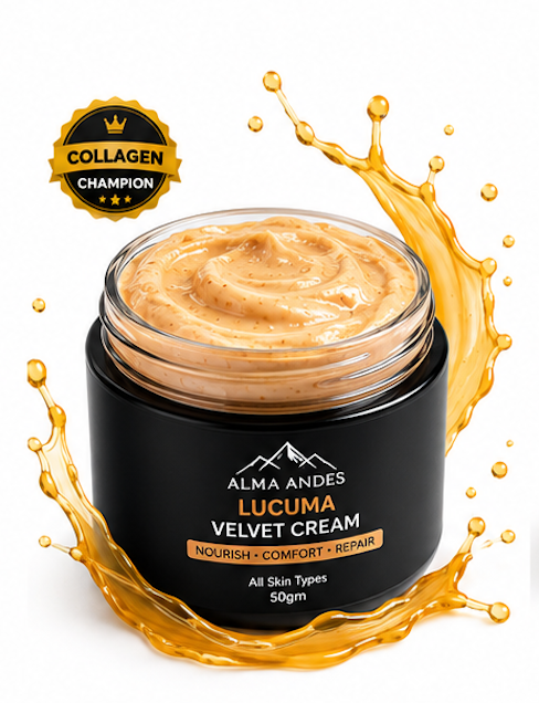 Black jar of Lucuma Velvet Cream with a gold splash effect on a white background