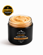 Jar of Lucuma Velvet Cream with 'Collagen Champion' badge on a white background