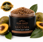 Alma Andes Lucuma sugar body scrub with ingredients on a white background