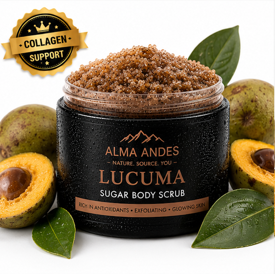 Alma Andes Lucuma sugar body scrub with ingredients on a white background