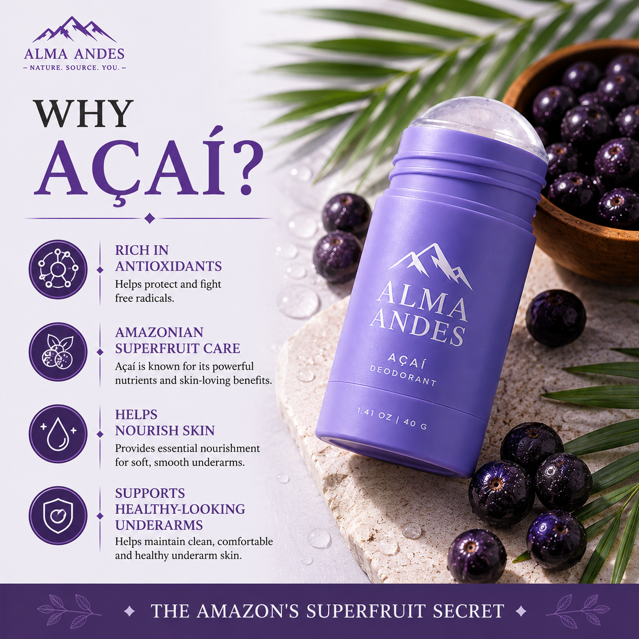 Natural Deodorant Stick for Women & Men with  Acai Berry - Slide 3