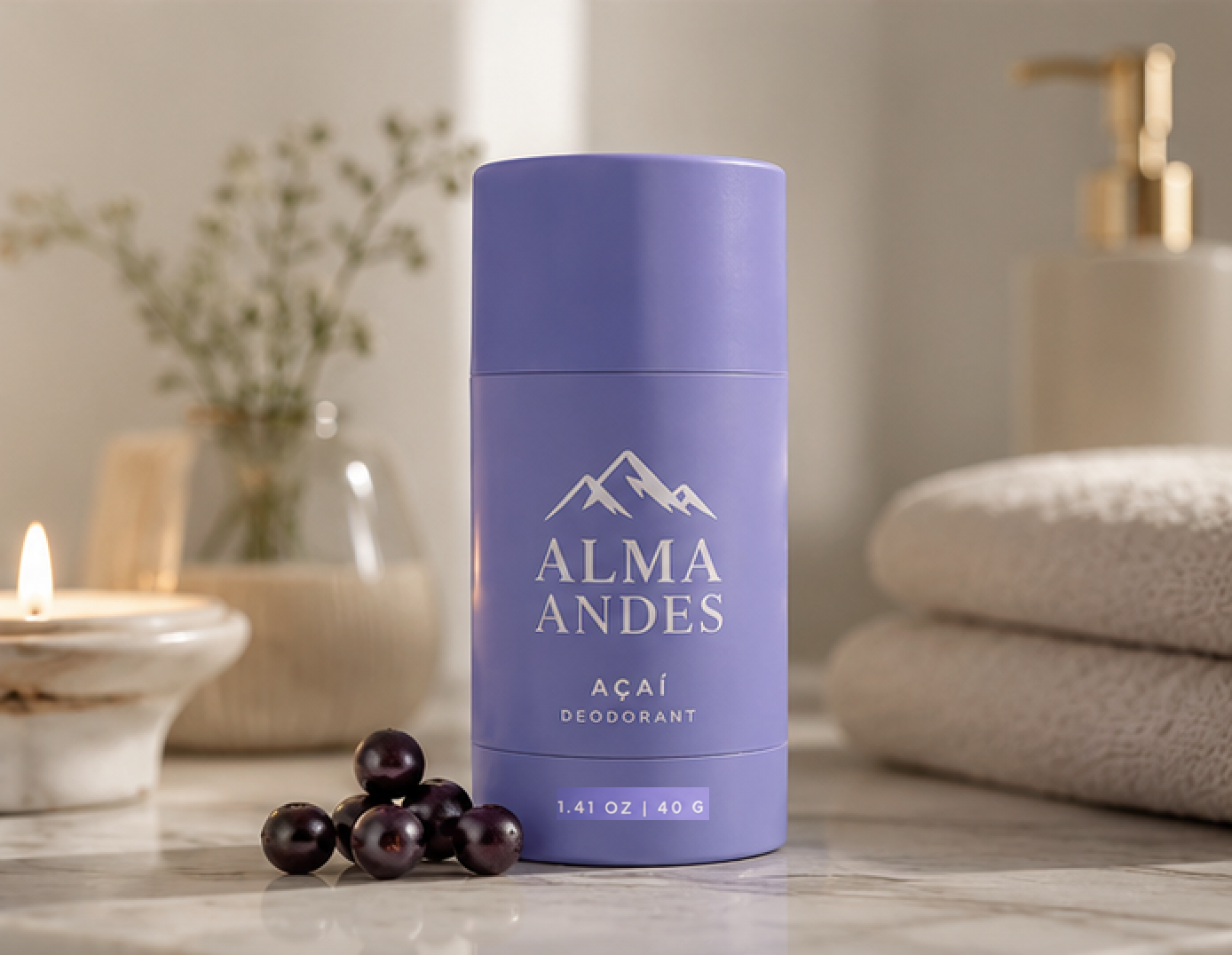 Purple deodorant container with 'Alma Andes' branding on a bathroom counter.