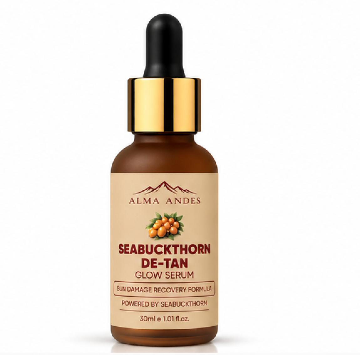 Seabuckthorn de-tan glow serum bottle with dropper on a white background