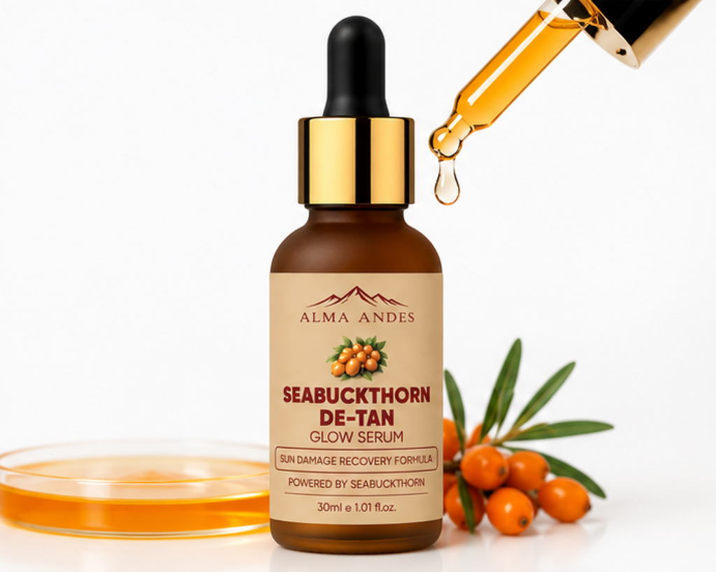 Alma Andes Seabuckthorn De-Tan Glow Serum bottle with dropper and sea buckthorn berries on a white background