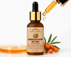 Alma Andes Seabuckthorn De-Tan Glow Serum bottle with dropper and sea buckthorn berries on a white background