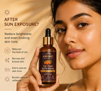 Woman holding a bottle of Alma Andes De-Tan Glow Serum with text about its benefits on a beige background.