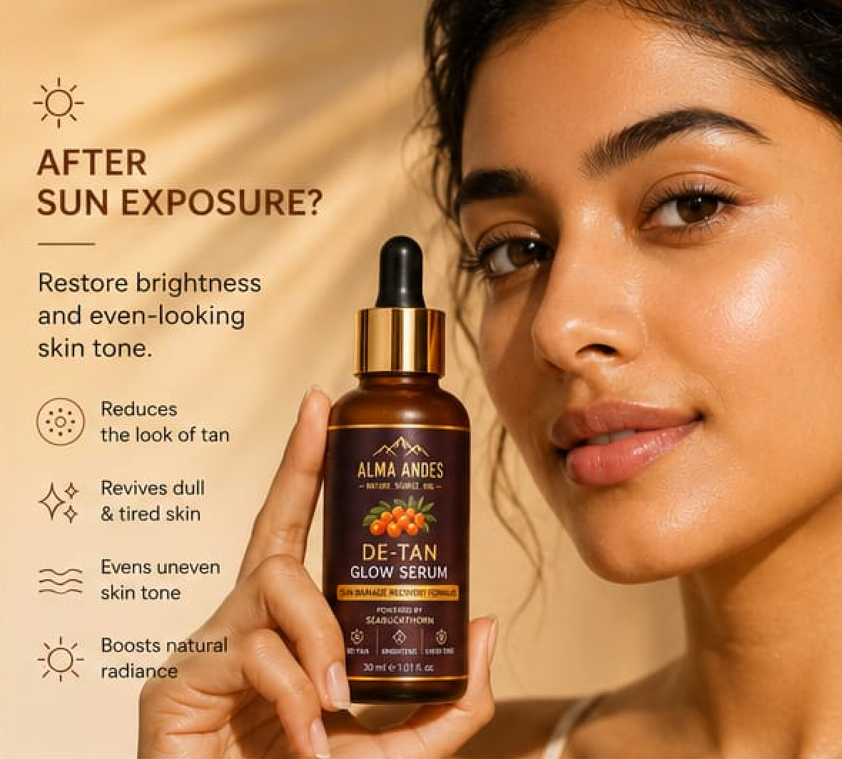 Woman holding a bottle of Alma Andes De-Tan Glow Serum with text about its benefits on a beige background.