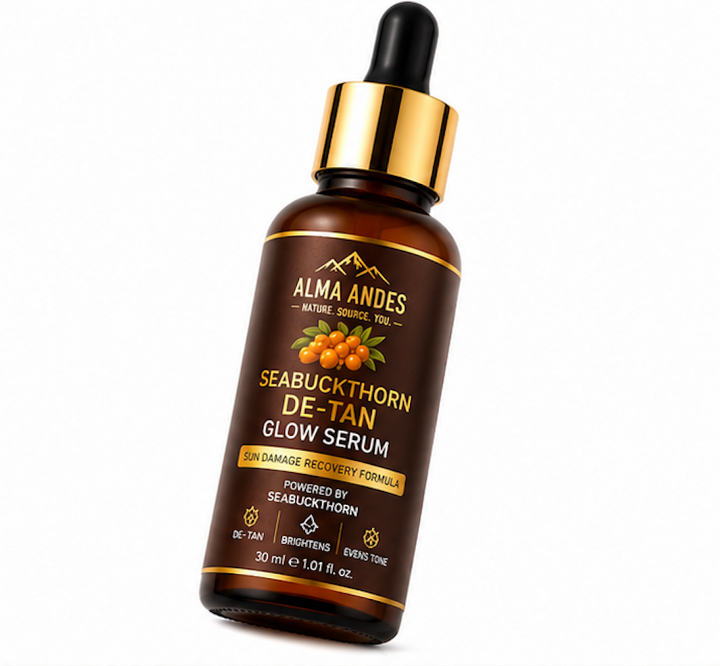 Seabuckthorn de-tan glow serum bottle with dropper on a white background