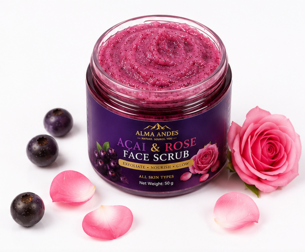 Jar of Acai & Rose Face Scrub with acai berries and roses on a white background