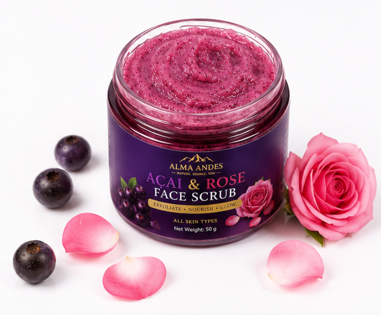 Jar of Acai & Rose Face Scrub with acai berries and roses on a white background