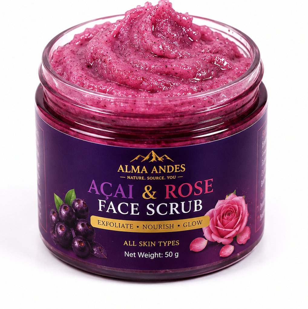 Jar of Acai & Rose Face Scrub with visible brand name on a white background