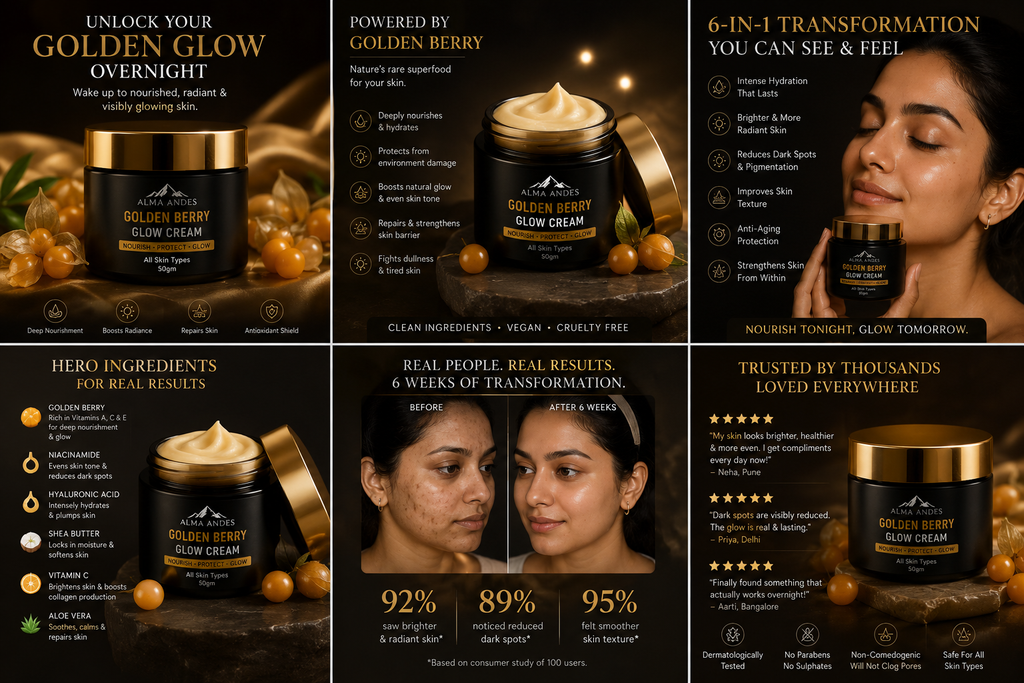 Promotional collage of Golden Glow Cream with product images, text, and before-and-after results.