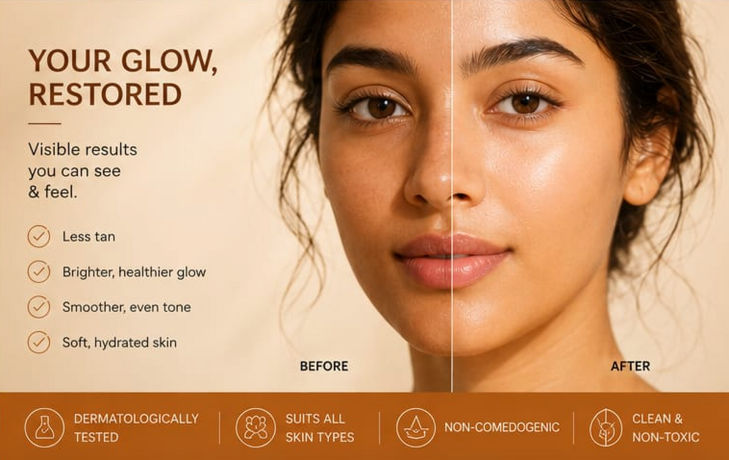 Before and after comparison of a woman's face with text highlighting skin improvement benefits.