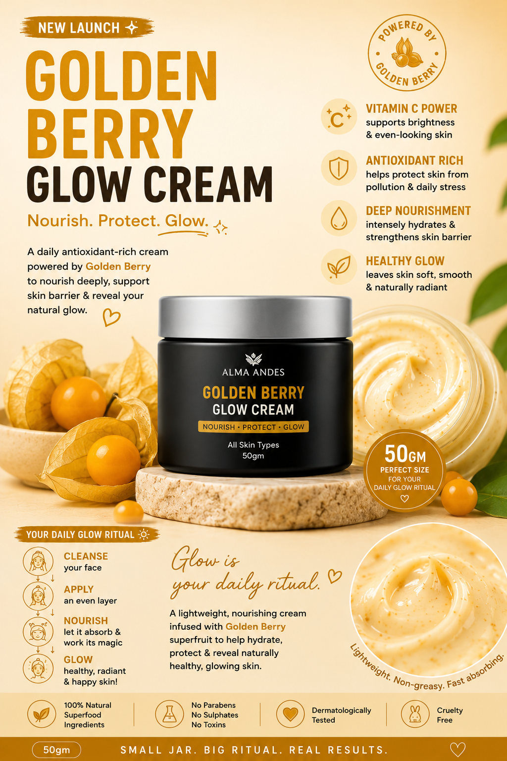 Promotional image of Golden Berry Glow Cream with product packaging and ingredients on a beige background.