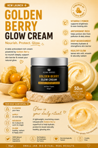 Promotional image of Golden Berry Glow Cream with product packaging and ingredients on a beige background.