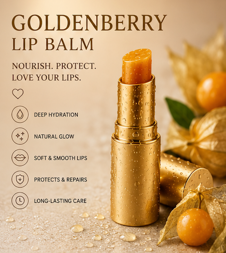 Goldenberry lip balm with features listed on a beige background