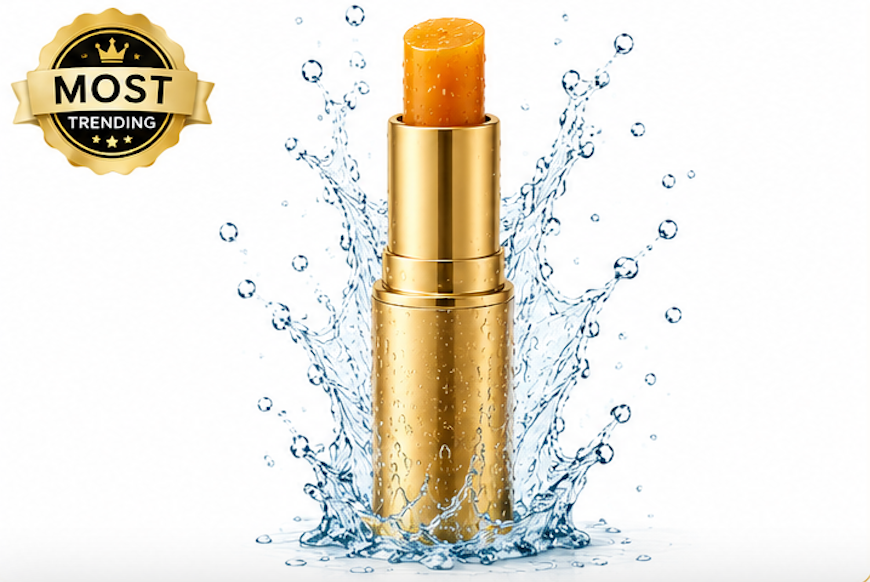 Gold lipstick with water splashes on a white background, featuring a 'Most Trending' badge.