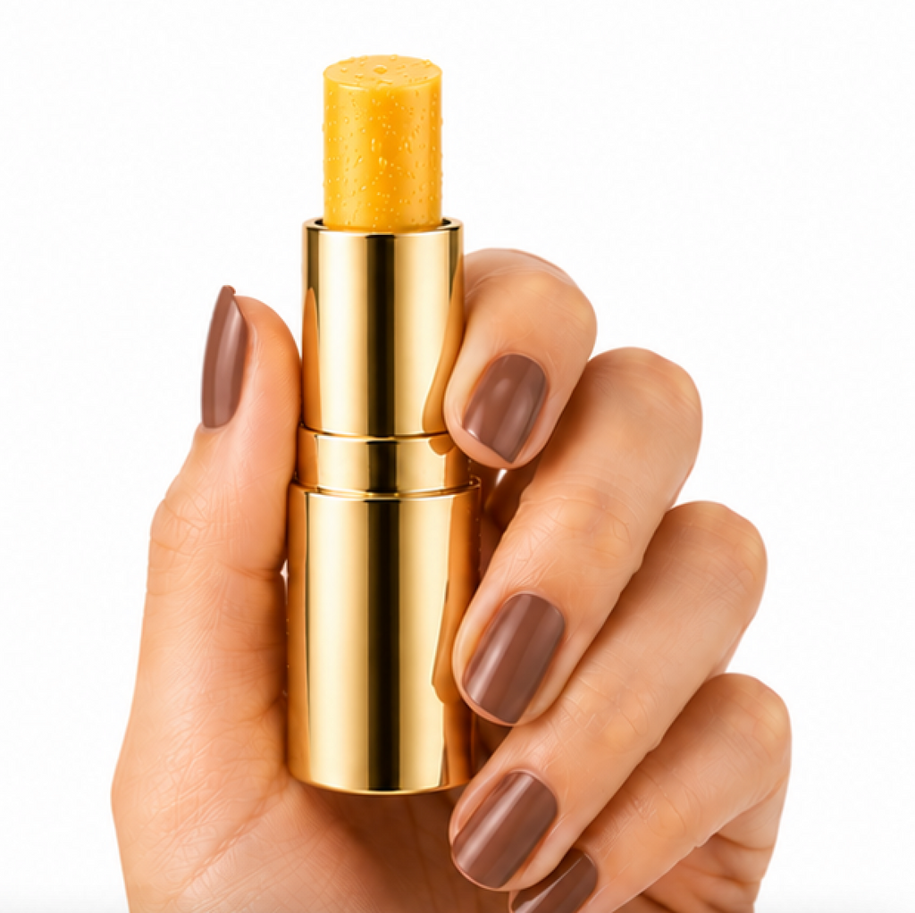 Hand holding a gold lipstick with a white background