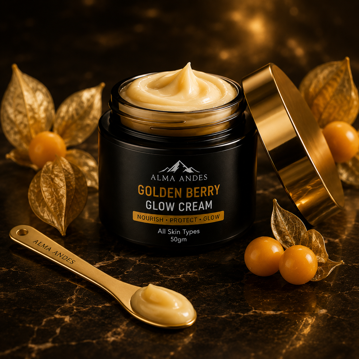 Alma Andes Golden Berry Glow Cream jar with cream on a spoon and berries on a dark background