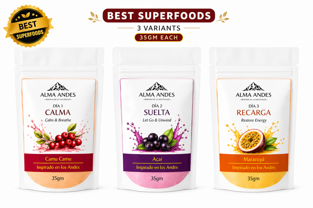Three packages of Alma Andes superfoods with labels for Calma, Sulta, and Recarga on a white background.