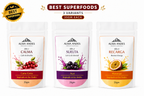 Three packages of Alma Andes superfoods with labels for Calma, Sulta, and Recarga on a white background.