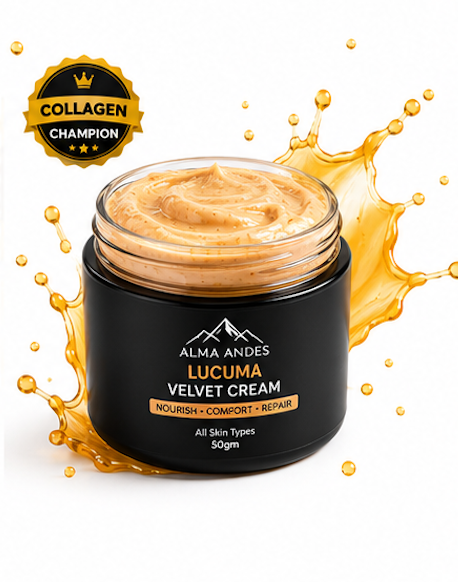 Jar of Lucuma Velvet Cream with splashes and 'Collagen Champion' badge on a white background