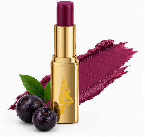 Lipstick with gold casing, purple lipstick, and blueberries on a white background