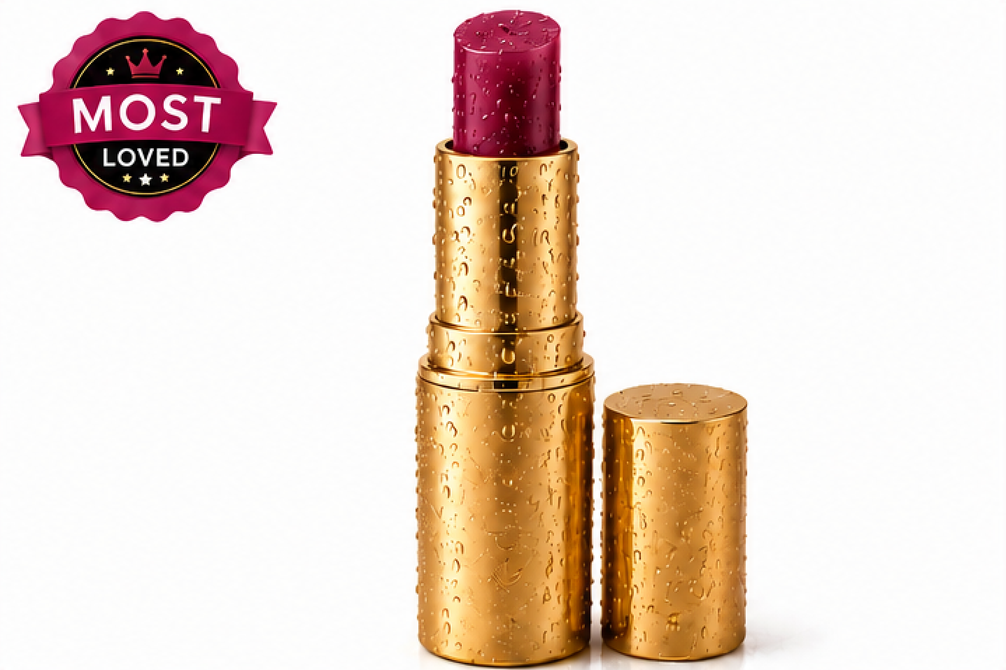 Gold lipstick case with purple lipstick and 'Most Loved' badge on white background