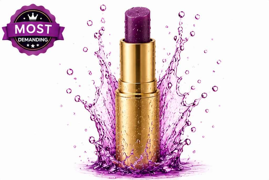 Gold lipstick with purple cap surrounded by purple fruits and leaves on a white background