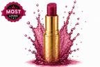 Gold lipstick with pink liquid splash and 'Most Loved' badge on a white background