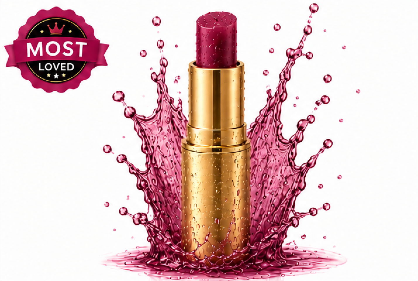 Gold lipstick with pink liquid splash and 'Most Loved' badge on a white background