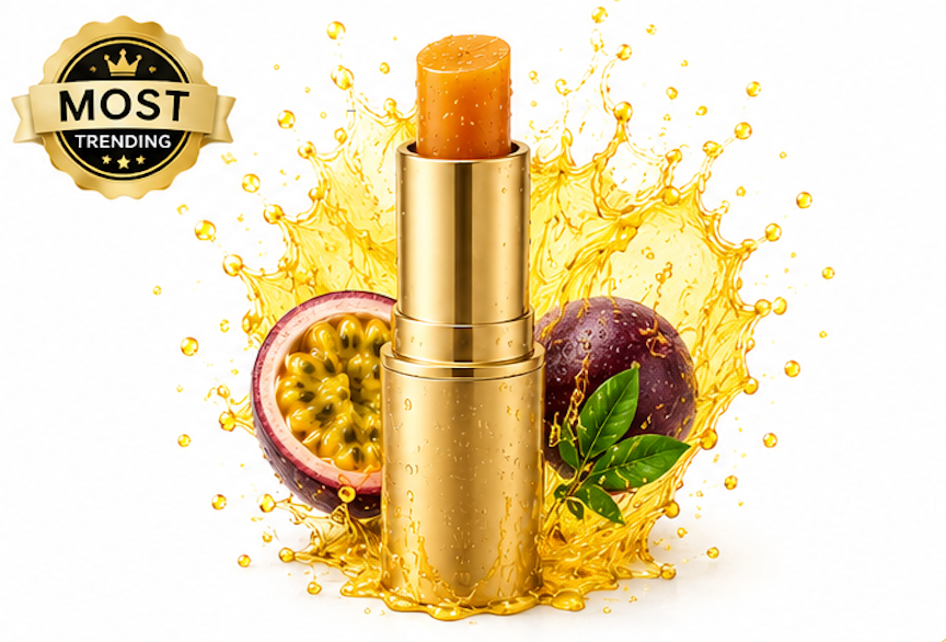 Gold lipstick with passion fruit and leaves on a white background, labeled 'Most Trending'.