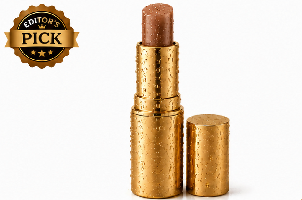 Gold lipstick with a textured surface on a white background, featuring an 'Editor's Pick' badge.