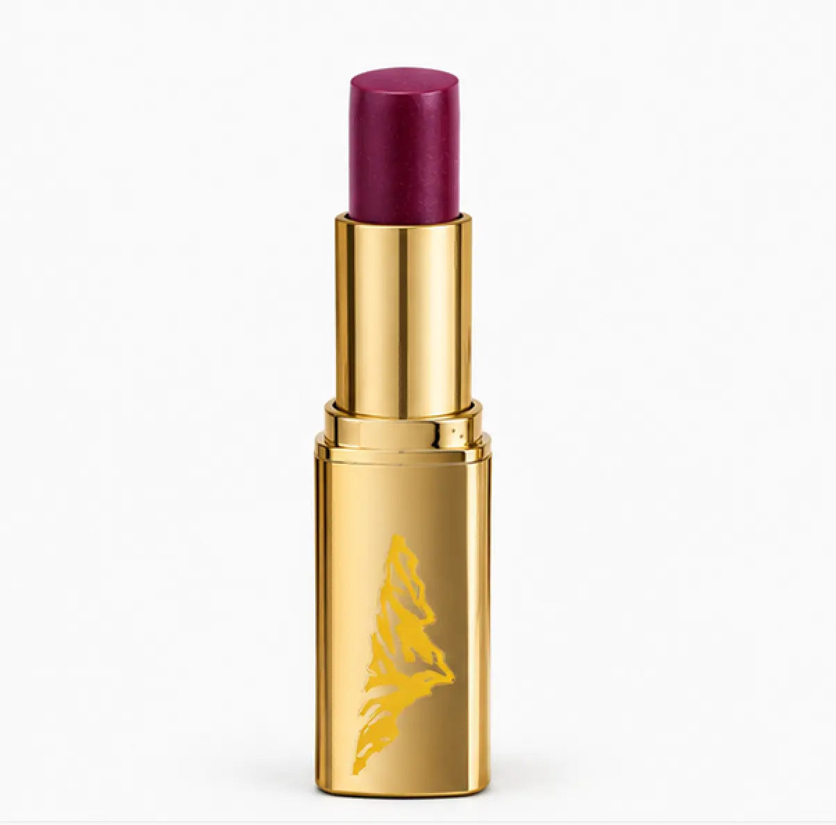 Gold lipstick case with purple lipstick on a white background