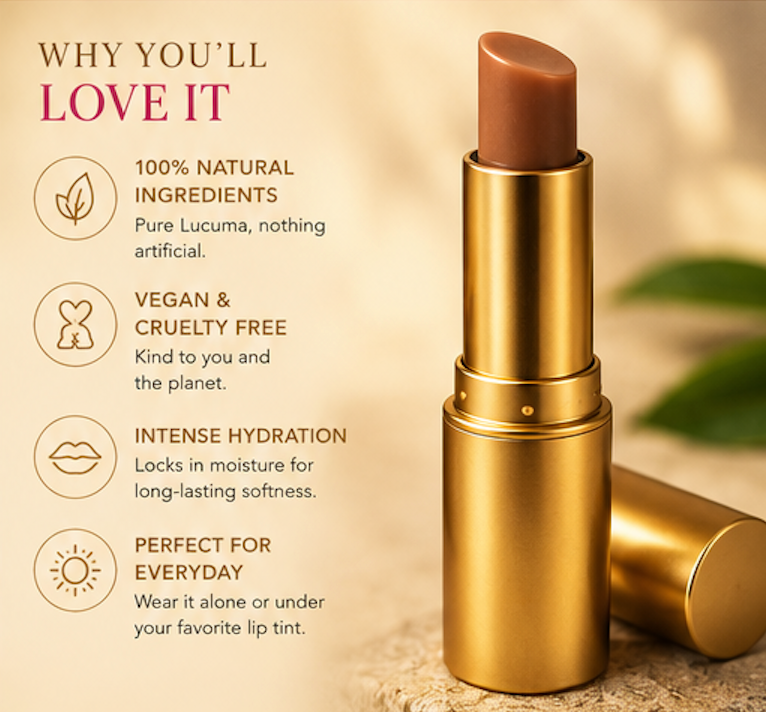 Gold lipstick with features listed on a beige background